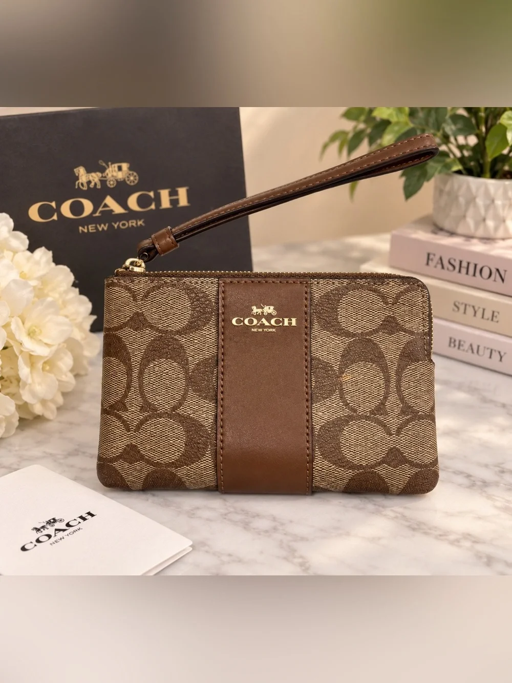 👜 Coach Brown Signature Canvas Wristlet with Leather Trim